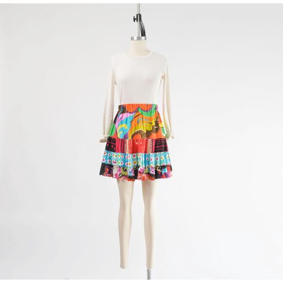 Vintage 90s Jams World Full Tiered Peasant Abstract Print Boho Mini Skirt M L - Picture 2 of 7